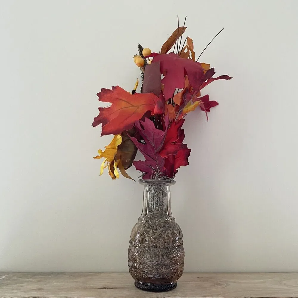 Handmade Artificial Sunflower & Fall Leaves Arrangement in Amber Glass Vase